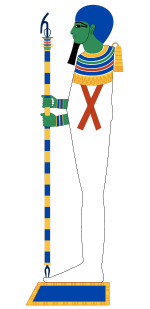 Ptah, in the form of a mummified man, holding a scepter or staff that bears the combined ankh-djed-was symbols.